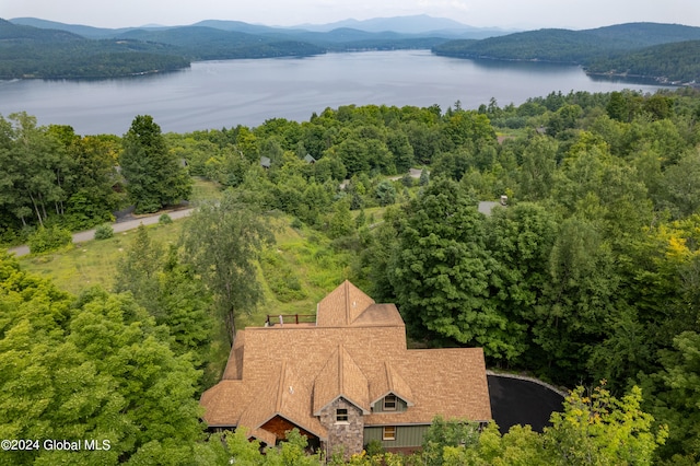 bird's eye view featuring a water and mountain view