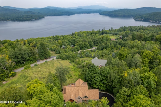 bird's eye view with a water and mountain view