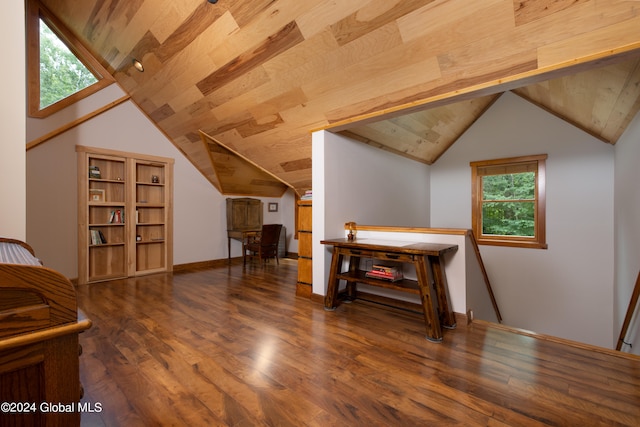 additional living space featuring dark hardwood / wood-style floors, a healthy amount of sunlight, vaulted ceiling, and wood ceiling