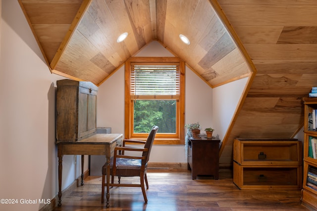 home office with wooden ceiling, lofted ceiling, and hardwood / wood-style floors