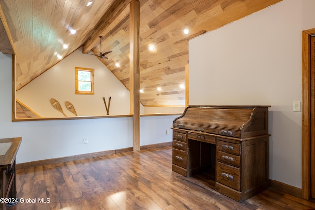 unfurnished office featuring wood-type flooring, ceiling fan, vaulted ceiling with beams, and wood ceiling