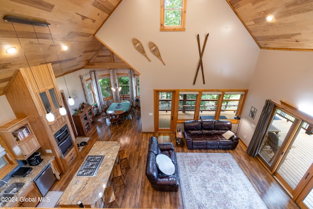 living room with high vaulted ceiling, sink, wooden ceiling, and dark hardwood / wood-style flooring