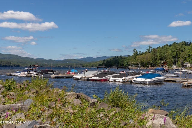 water view with a dock and a mountain view