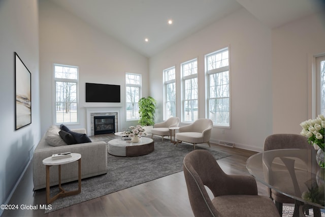 living area featuring high vaulted ceiling, a glass covered fireplace, wood finished floors, and baseboards