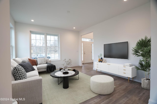 living area with recessed lighting, baseboards, and wood finished floors