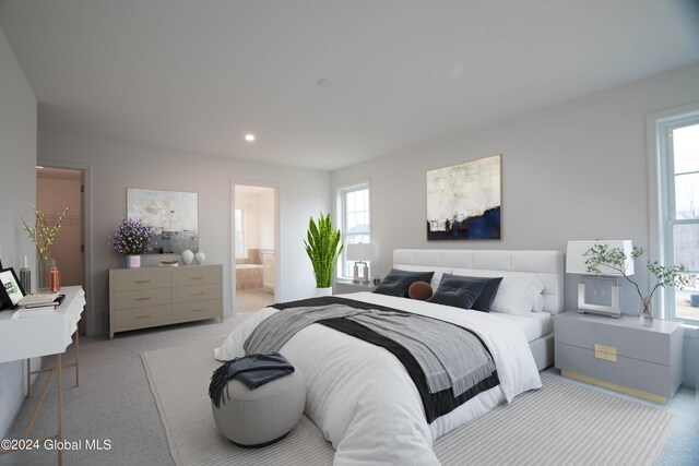 carpeted bedroom with multiple windows and ensuite bath