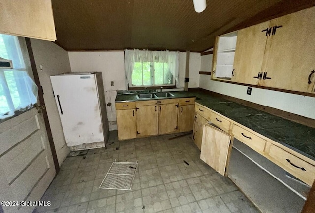 kitchen with a sink, dark countertops, and freestanding refrigerator