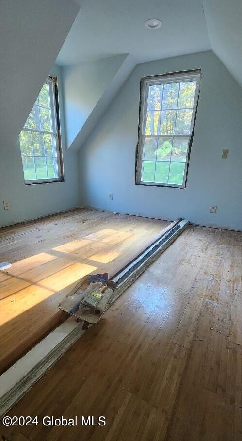 additional living space with vaulted ceiling and light hardwood / wood-style floors