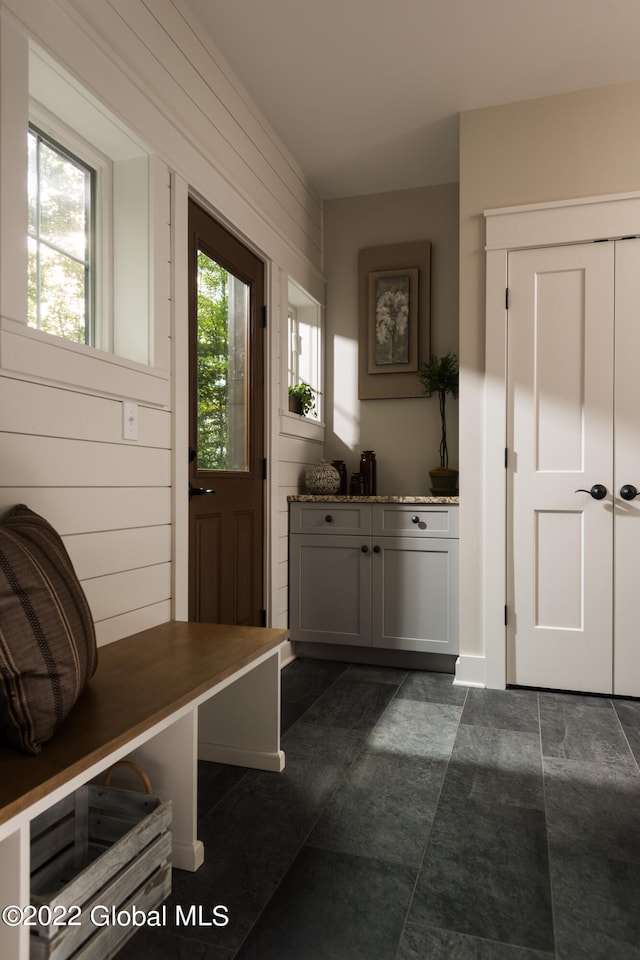 mudroom featuring wooden walls