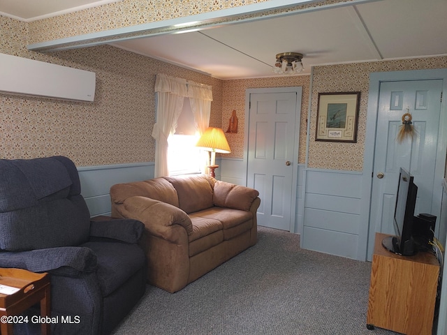 living room with carpet flooring and a wall mounted AC