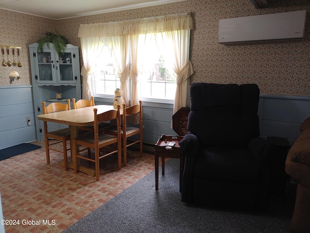 dining room featuring crown molding and a wall mounted air conditioner