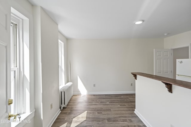 empty room featuring radiator heating unit and dark hardwood / wood-style flooring