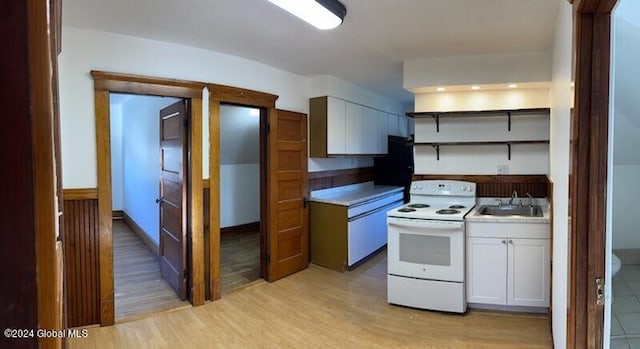 kitchen with sink, light hardwood / wood-style flooring, white range with electric cooktop, and white cabinetry