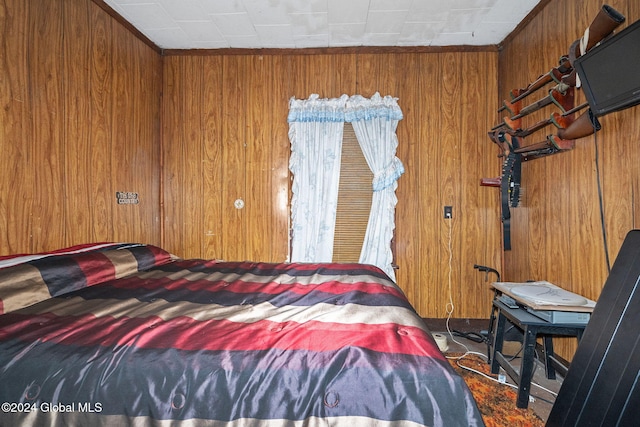 bedroom with wooden walls