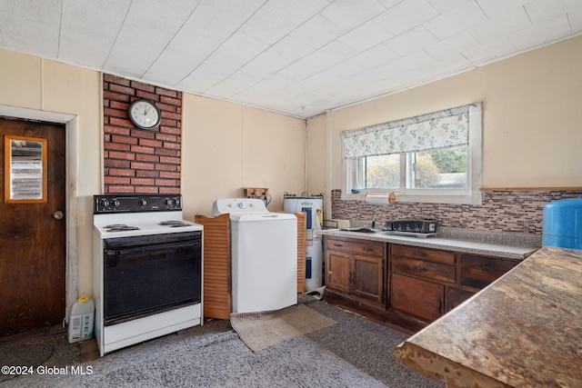 kitchen with white range with electric cooktop, electric water heater, and carpet flooring