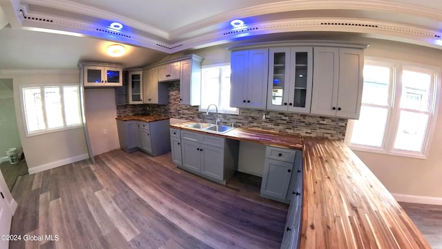 kitchen with sink, dark wood-type flooring, butcher block counters, backsplash, and ornamental molding