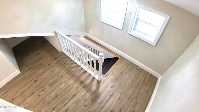 stairway with hardwood / wood-style floors