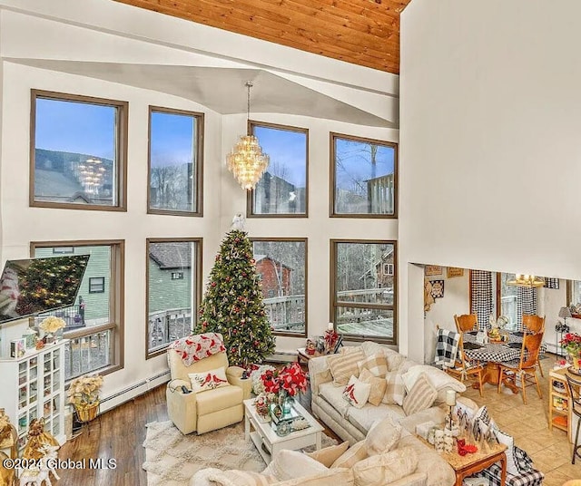 living room with a chandelier, a baseboard radiator, wood-type flooring, vaulted ceiling, and wooden ceiling