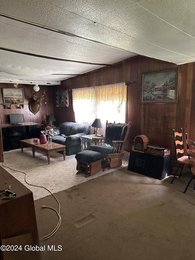 carpeted living room with a textured ceiling and wood walls