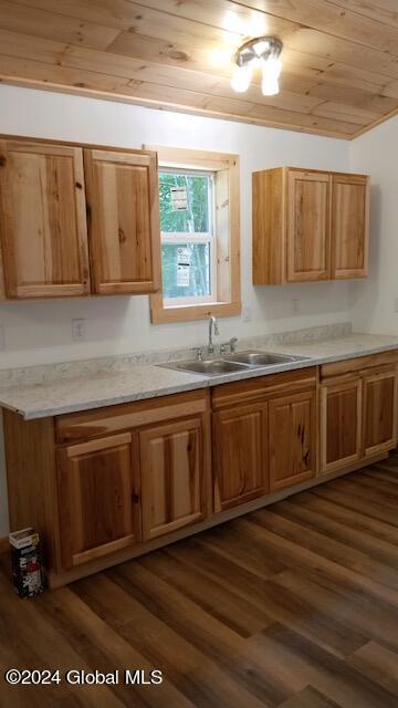 kitchen featuring wooden ceiling, sink, and dark wood-type flooring