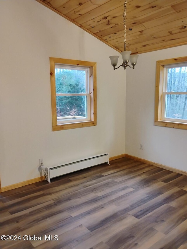 spare room featuring hardwood / wood-style floors, wooden ceiling, an inviting chandelier, a baseboard heating unit, and vaulted ceiling