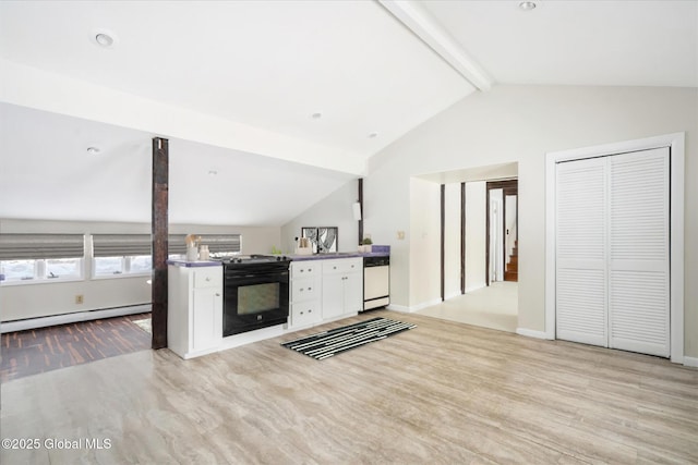 kitchen featuring black electric range oven, lofted ceiling with beams, a baseboard heating unit, white cabinets, and dishwasher