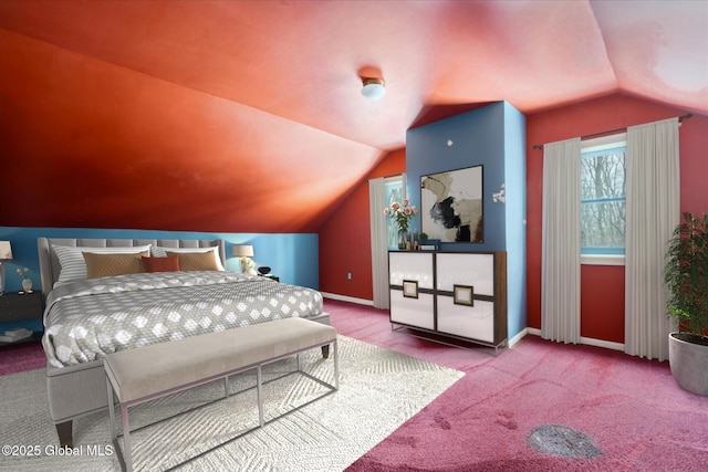 bedroom featuring baseboards, carpet flooring, and vaulted ceiling