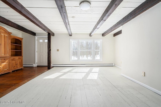 unfurnished living room with a baseboard heating unit, baseboards, beamed ceiling, baseboard heating, and wood-type flooring