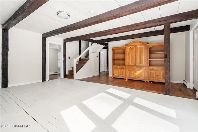 interior space featuring stairway, beamed ceiling, baseboards, and a baseboard radiator