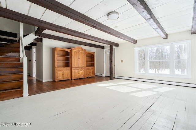 unfurnished living room with beam ceiling, baseboard heating, dark wood-style floors, and stairs