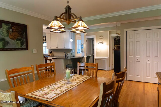 dining room featuring light wood-type flooring and crown molding