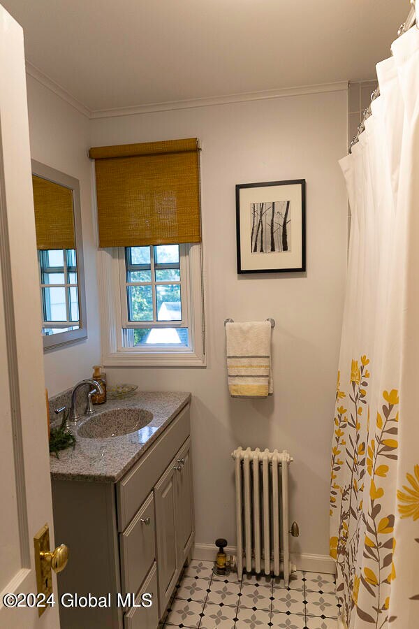 bathroom featuring ornamental molding, radiator, walk in shower, and vanity