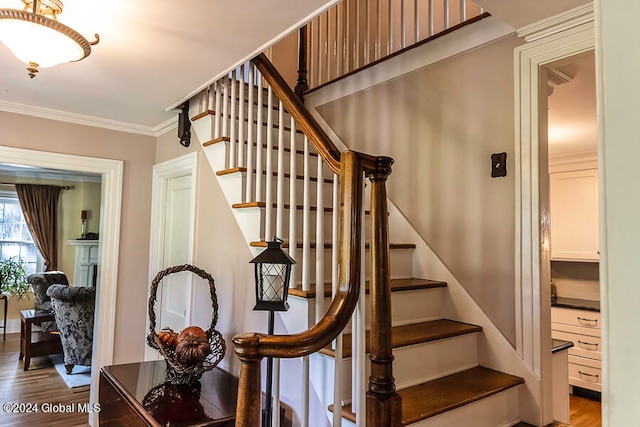 stairs with wood-type flooring and crown molding