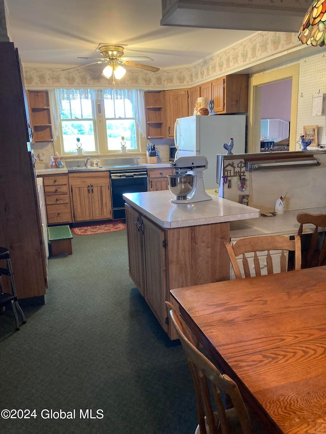 kitchen with ceiling fan, dark carpet, white fridge, sink, and black dishwasher