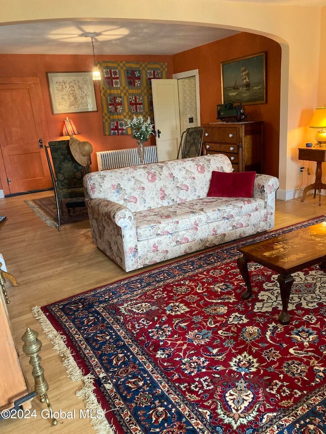 living room featuring radiator heating unit and light hardwood / wood-style floors