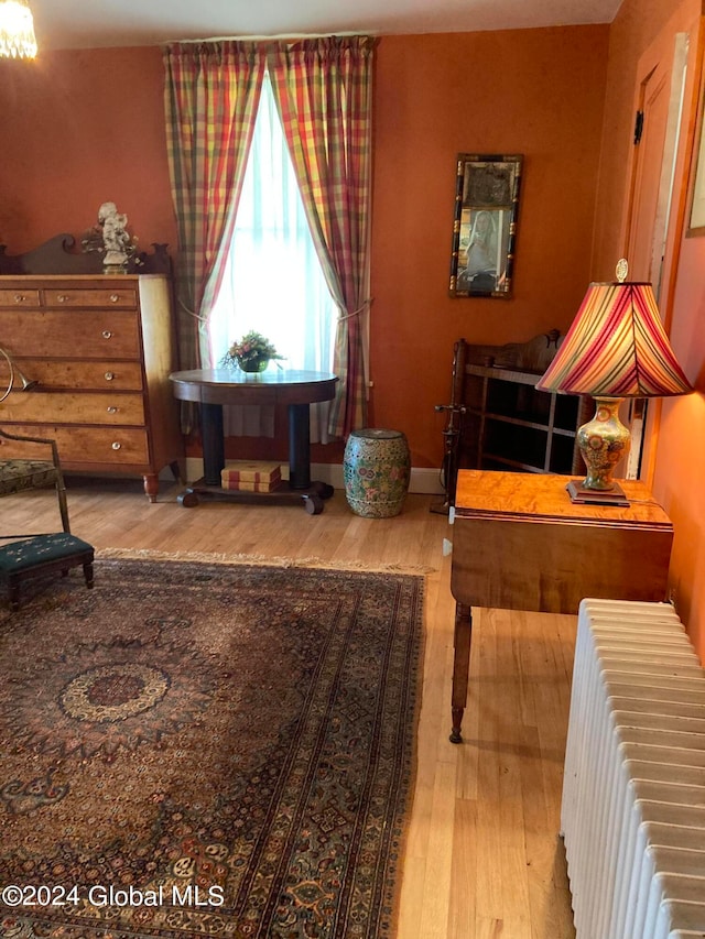 living area with radiator heating unit and light hardwood / wood-style floors