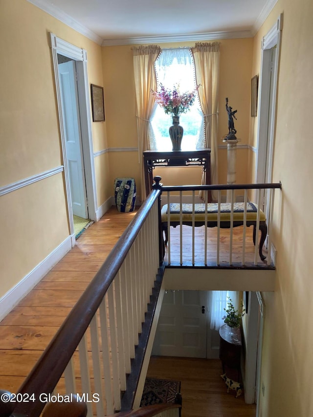 stairs featuring hardwood / wood-style floors and crown molding