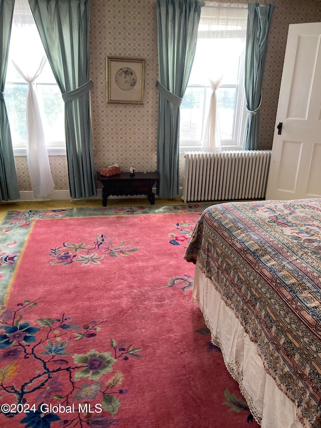 carpeted bedroom featuring multiple windows and radiator