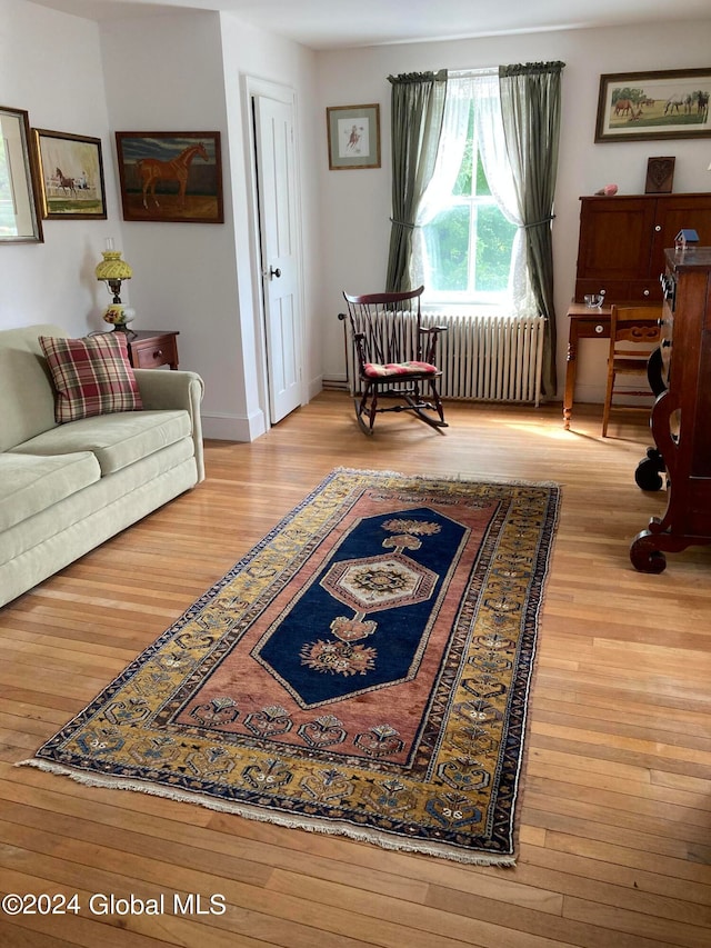 living room featuring light hardwood / wood-style flooring and radiator heating unit