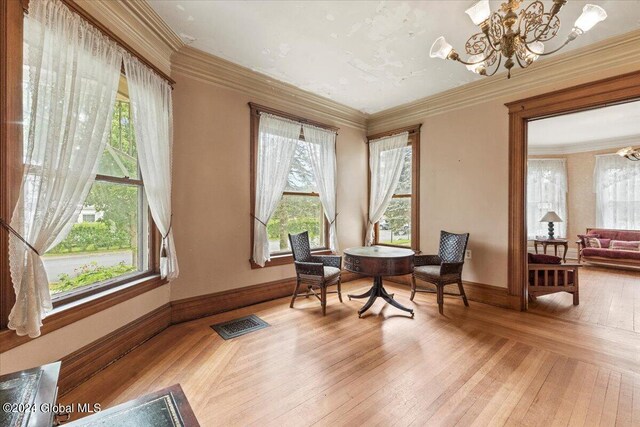 living area with a wealth of natural light, light hardwood / wood-style flooring, a chandelier, and ornamental molding