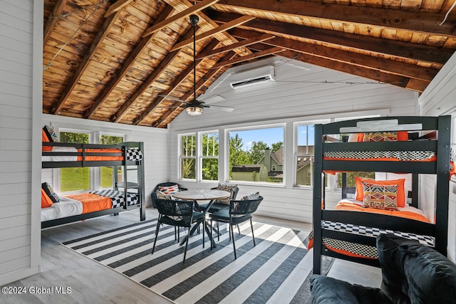 interior space featuring lofted ceiling with beams, wooden ceiling, hardwood / wood-style floors, and wooden walls