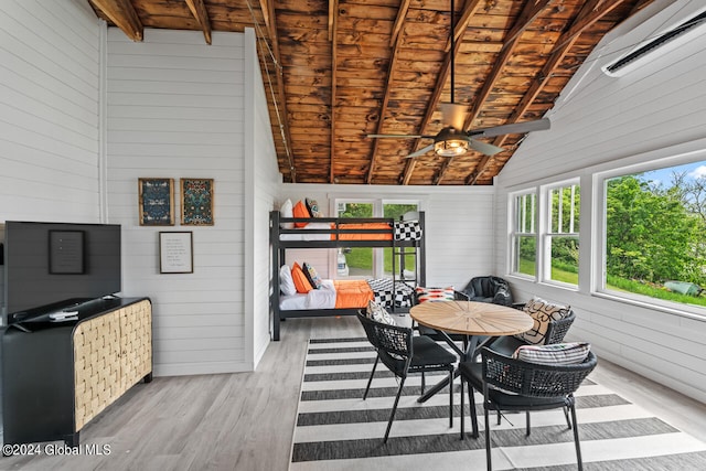 sunroom with wooden ceiling, vaulted ceiling with beams, and ceiling fan