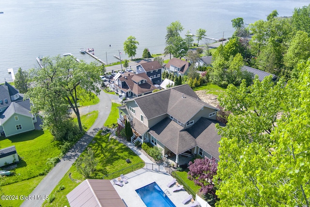 aerial view featuring a water view