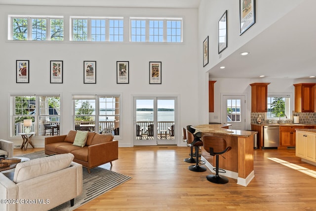 living room featuring sink, light wood-type flooring, and a towering ceiling