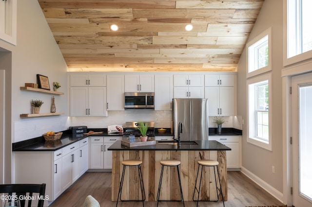 26 N 2nd Ave, Broadalbin, NY 12025 - kitchen featuring stainless steel appliances, wood ceiling, dark countertops, lofted ceiling, and wood finished floors