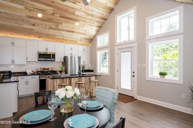 26 N 2nd Ave, Broadalbin, NY 12025 - kitchen with stainless steel appliances, wooden ceiling, dark countertops, healthy amount of natural light, and tasteful backsplash