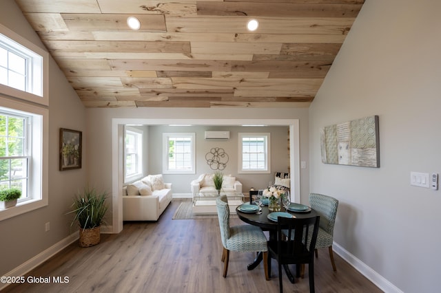 26 N 2nd Ave, Broadalbin, NY 12025 - dining area featuring wood ceiling, a wall mounted air conditioner, vaulted ceiling, and wood finished floors
