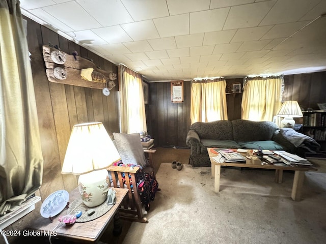 living room featuring wood walls