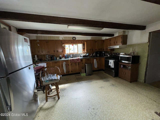 kitchen with beamed ceiling and appliances with stainless steel finishes