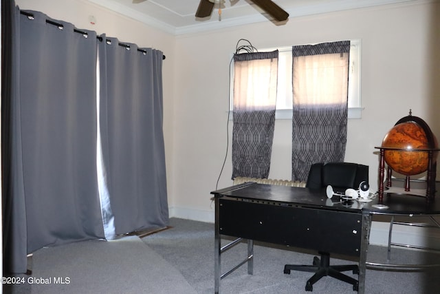 carpeted home office with ceiling fan and ornamental molding